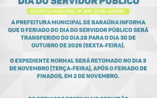 Baraúna transfere feriado do Dia do Servidor Público de 28 para 30 de outubro