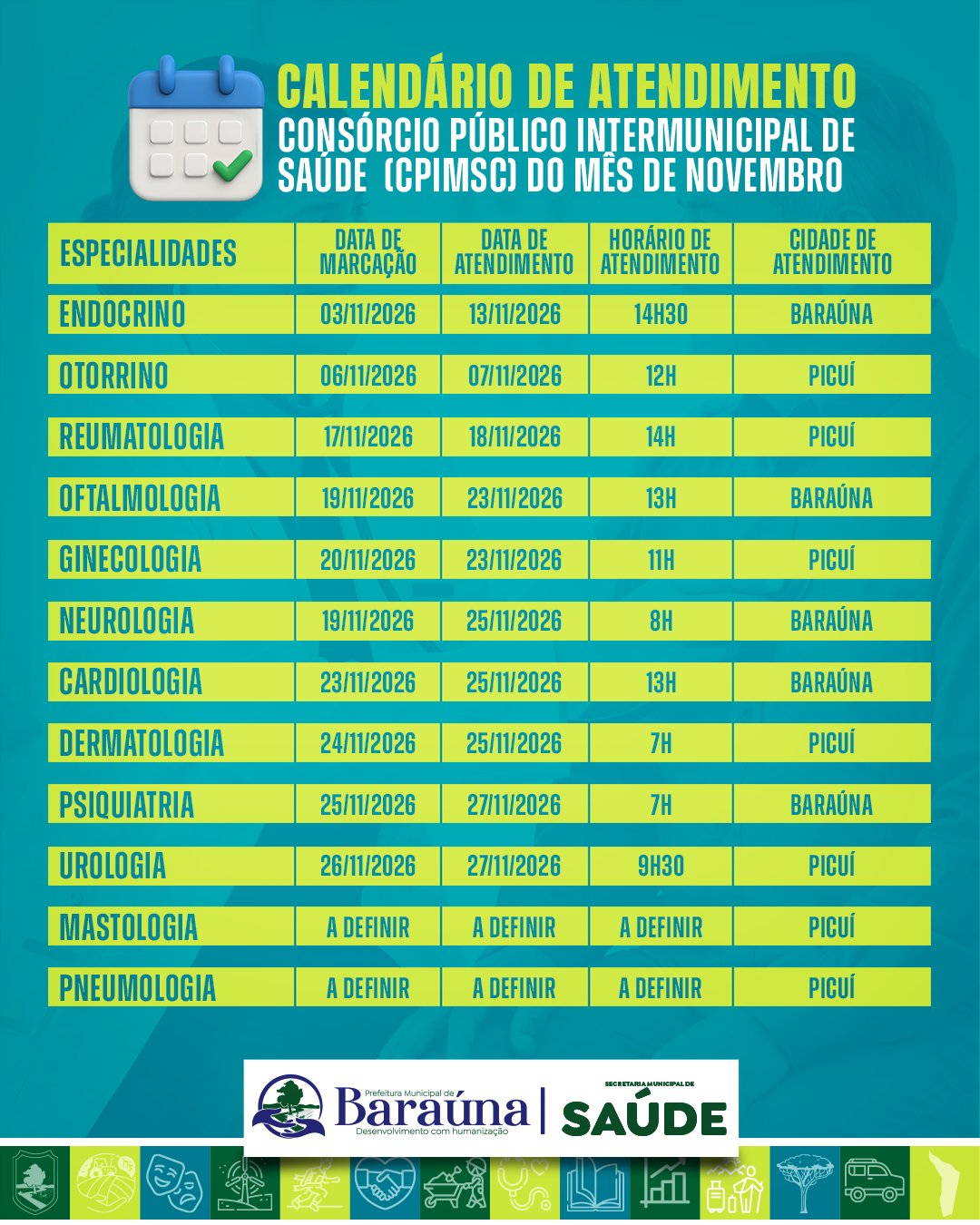 Baraúna divulga calendário de atendimentos especializados de novembro