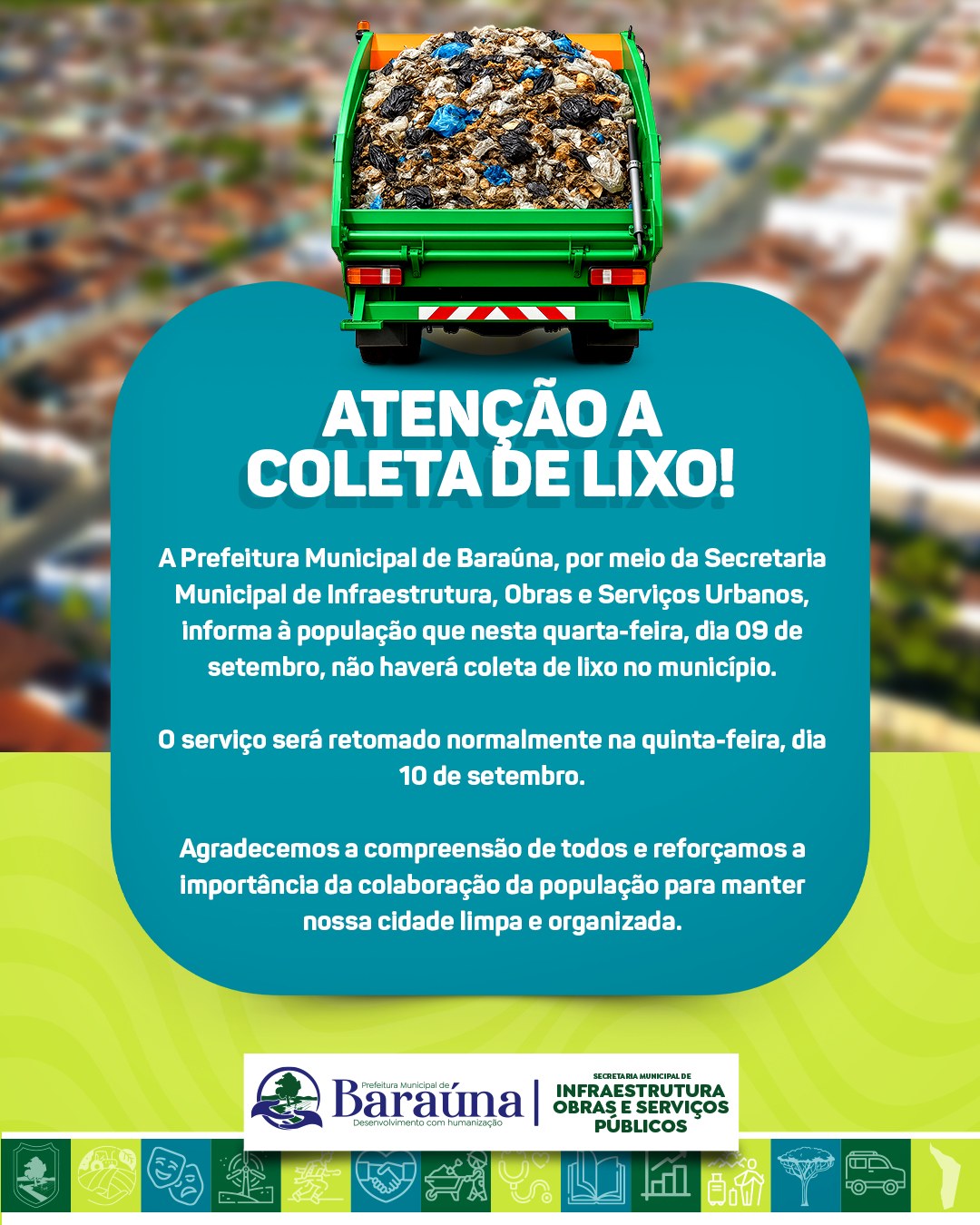 Prefeitura de Baraúna informa suspensão da coleta de lixo nesta quarta-feira