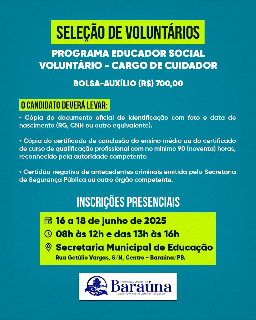 Prefeitura de Baraúna abre seleção para Educador Social Voluntário com bolsa de R$700