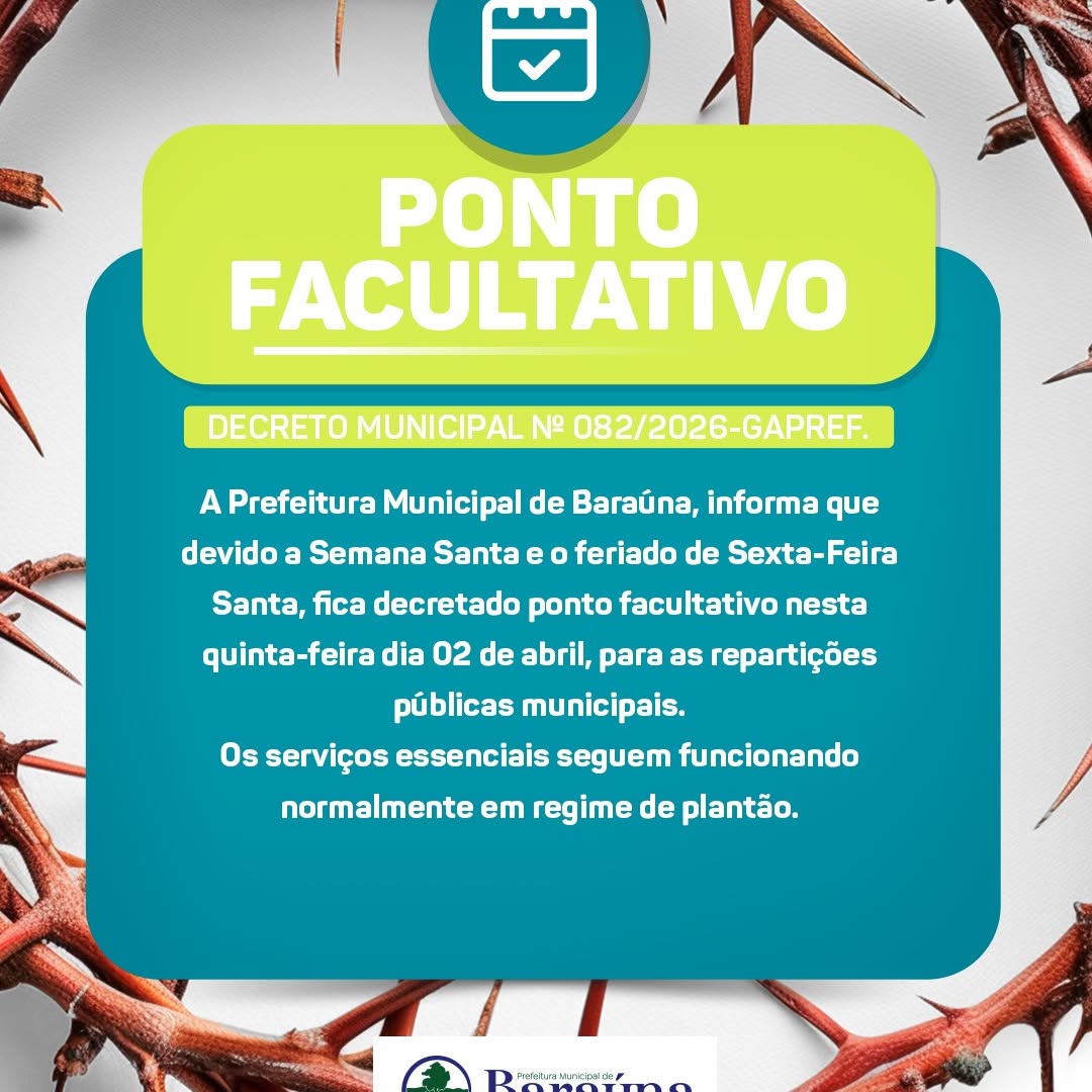 Prefeitura de Baraúna decreta ponto facultativo para a Semana Santa